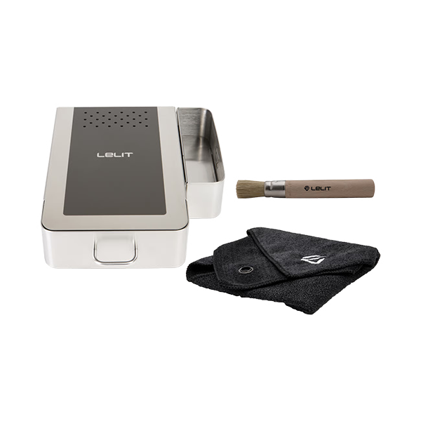 LELIT electronic device with cleaning brush and cloth on a white background