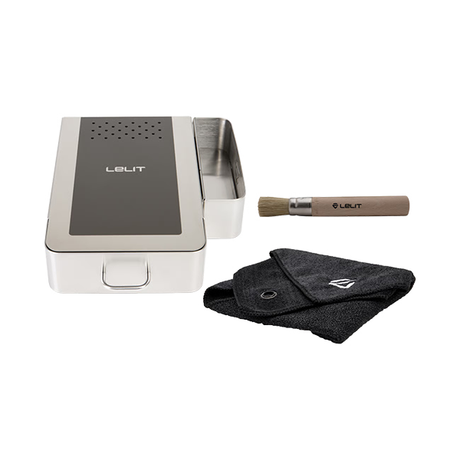 LELIT electronic device with cleaning brush and cloth on a white background