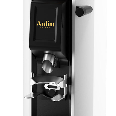 Black and silver coffee bean grinder with 'Anfim Milano' branding on a white background