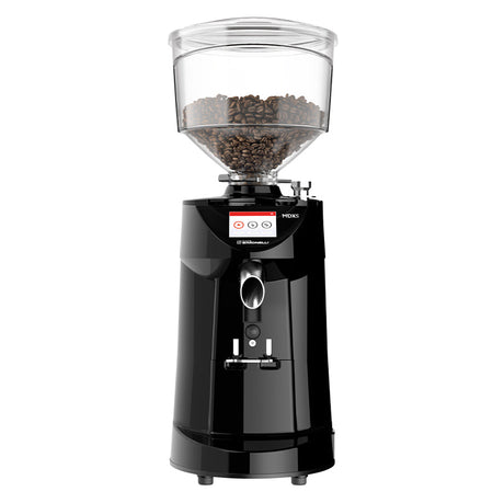 Black coffee grinder with clear container on a white background