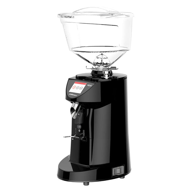 Black coffee grinder with clear glass container on a white background