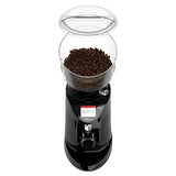 Black coffee grinder with a clear container of coffee beans on a white background