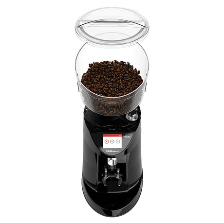 Black coffee grinder with a clear container of coffee beans on a white background