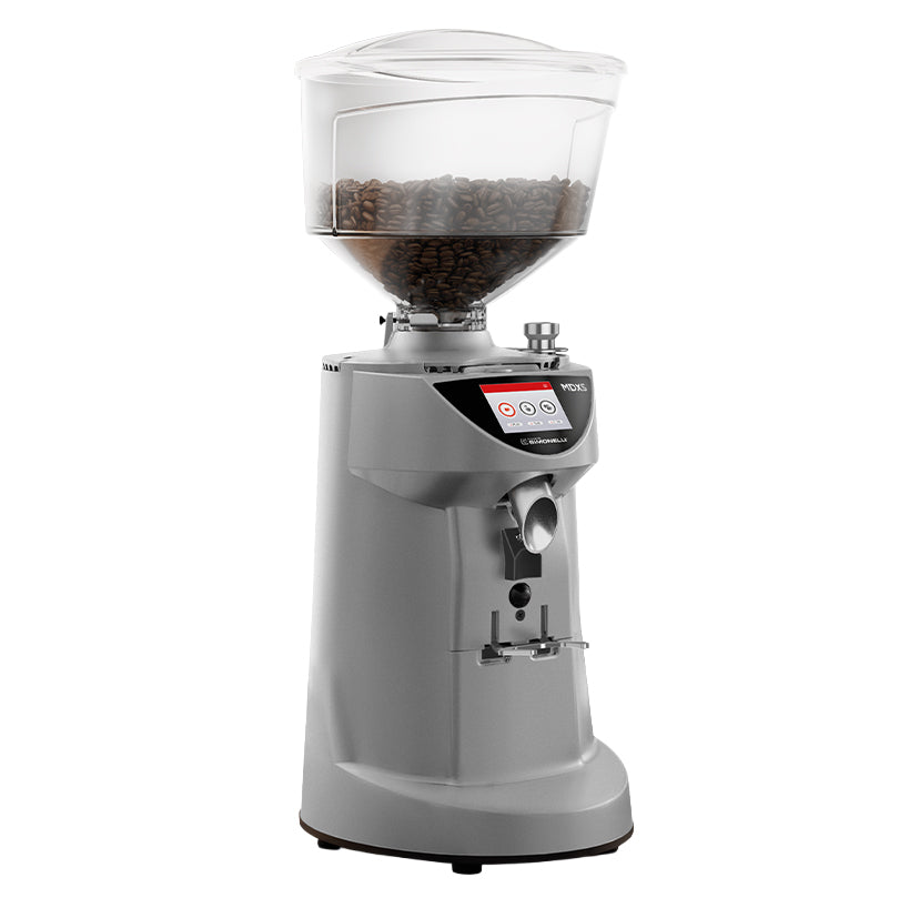 Gray coffee grinder with clear container on a white background