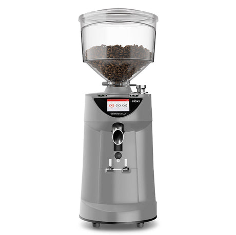Coffee grinder with clear container filled with coffee beans on a white background