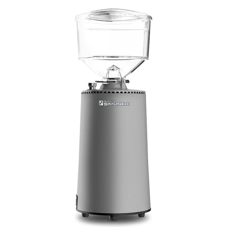 Silver coffee grinder with clear top on a white background