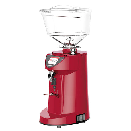Red coffee grinder with clear container on a white background