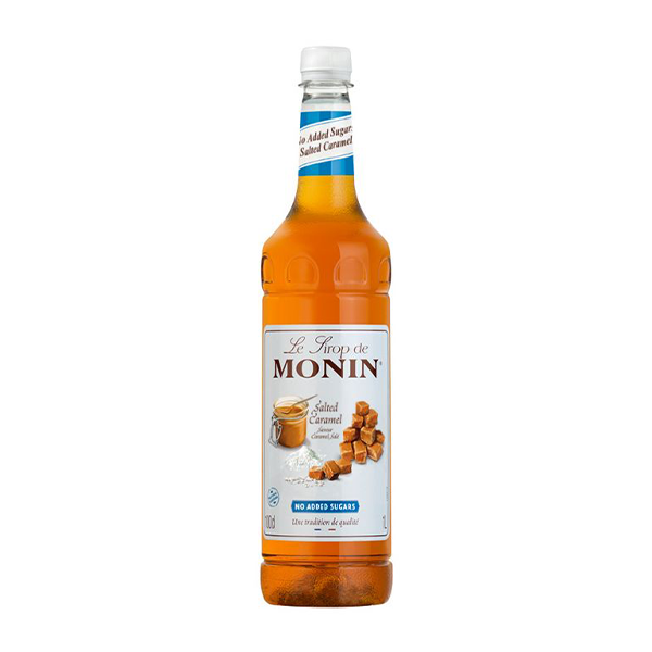 A bottle of Monin Coffee Syrup with the label showing 'Salted Caramel' and the size of 1L.