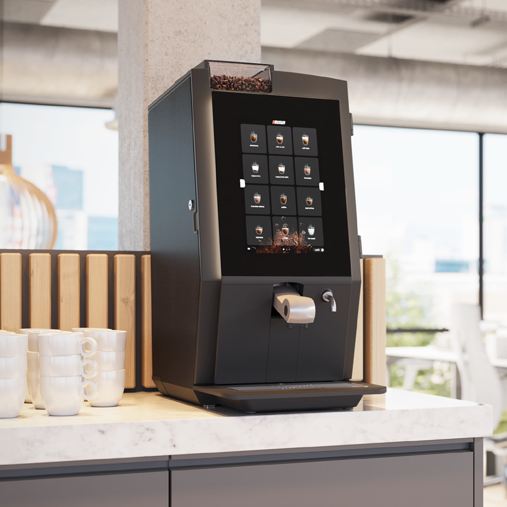 Bravilor Esprecious 12 Bean-to-Cup Coffee Machine – sleek design with intuitive touchscreen, dual canisters for coffee beans and instant ingredients, automatic rinsing program, and up to 120 cups per day capacity. Ideal for high-demand environments.