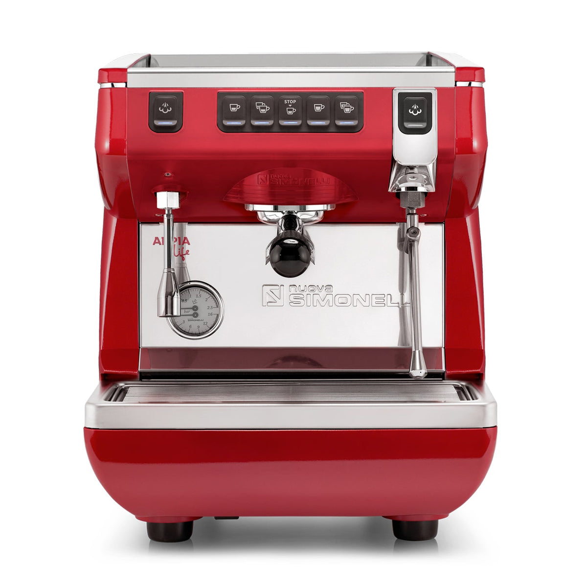 Red espresso machine with 'Nuova Simonelli' branding on a white background