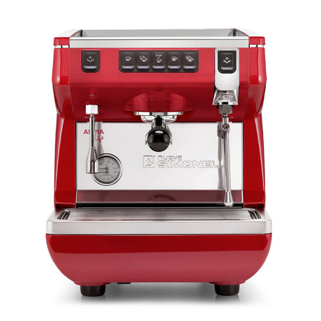 Red espresso machine with 'Nuova Simonelli' branding on a white background
