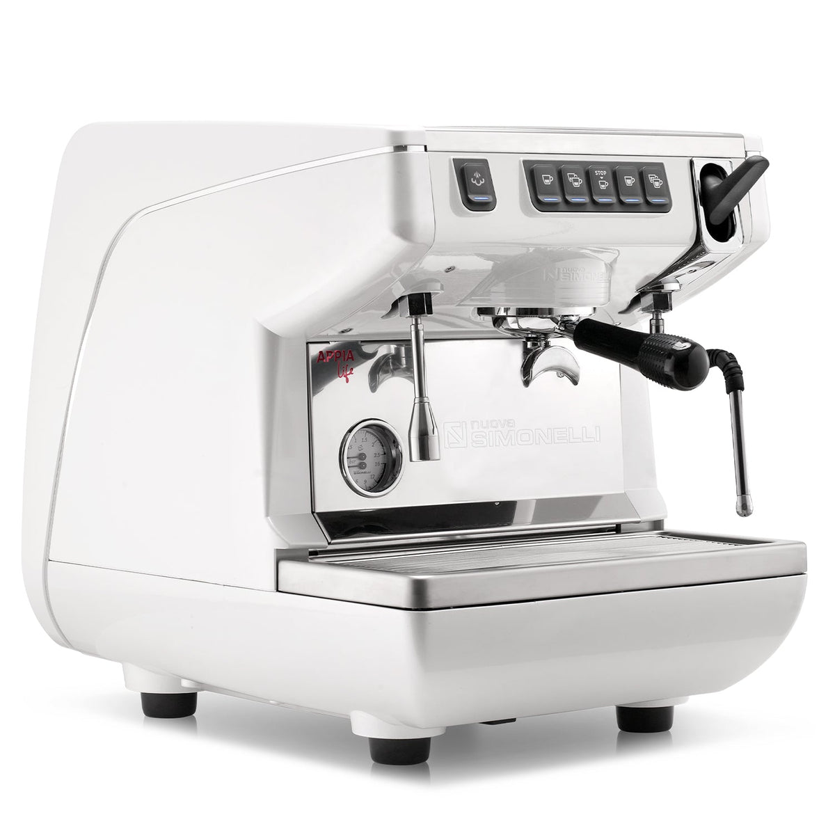 White espresso machine with chrome accents on a white background