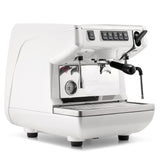 White espresso machine with chrome accents on a white background