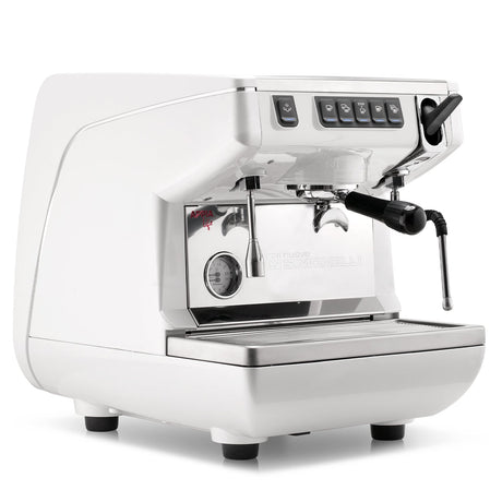 White espresso machine with chrome accents on a white background