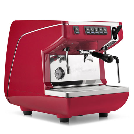 Red espresso machine with a white background