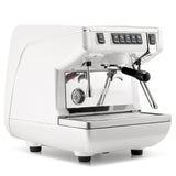White espresso machine with chrome accents on a white background