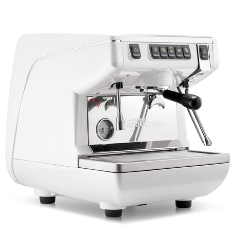 White espresso machine with chrome accents on a white background