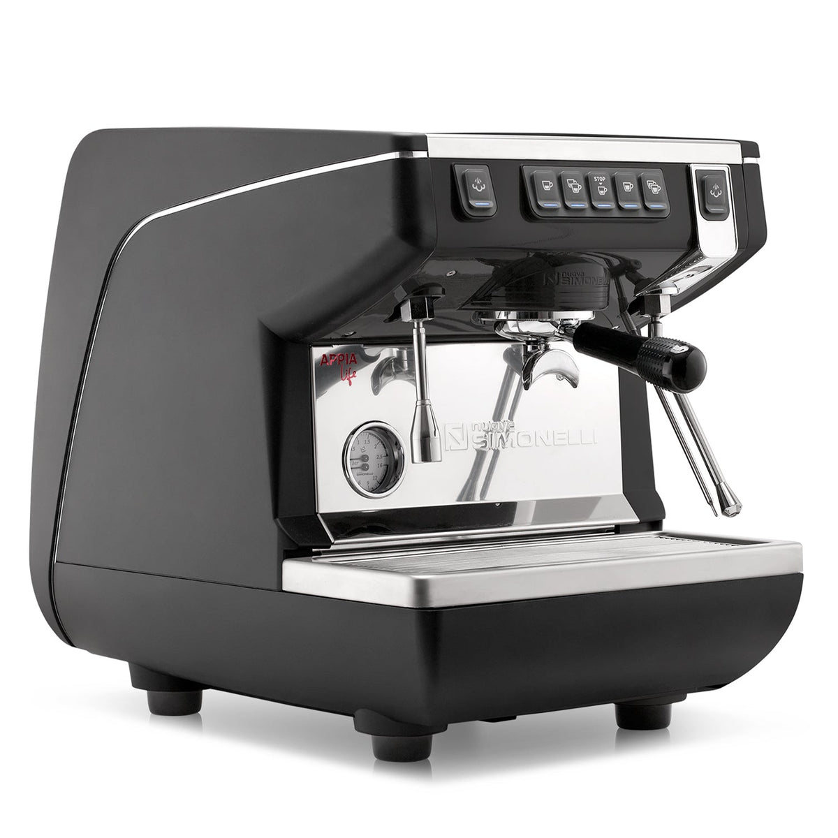 Black espresso machine with silver accents on a white background