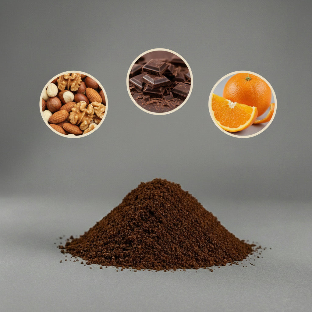 Heap of ground coffee with inset images of nuts, chocolate, and oranges on a gray background