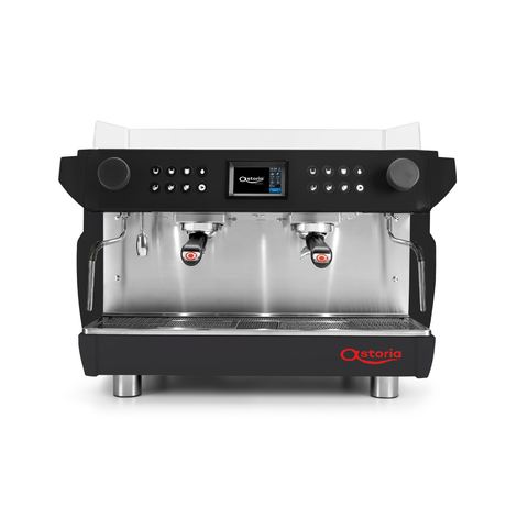 Coffee machine with a black and silver design on a white background