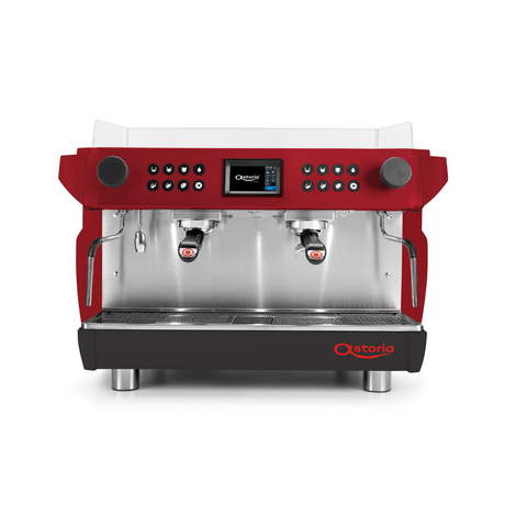 Red and black espresso machine with digital display on a white background