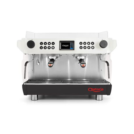 White and black coffee machine with digital display on a white background