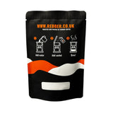 Black coffee packaging with orange and white text and graphics on a white background