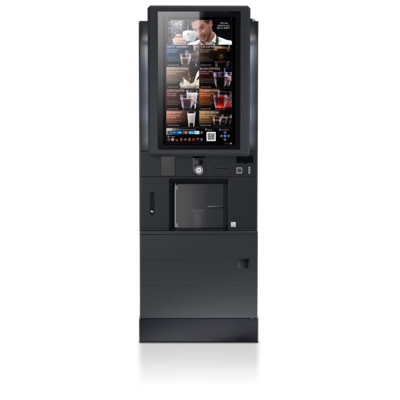 Black vending machine with a digital display on a white background