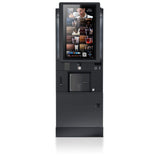 Black vending machine with a digital display on a white background