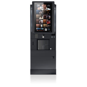 Black vending machine with a digital display on a white background