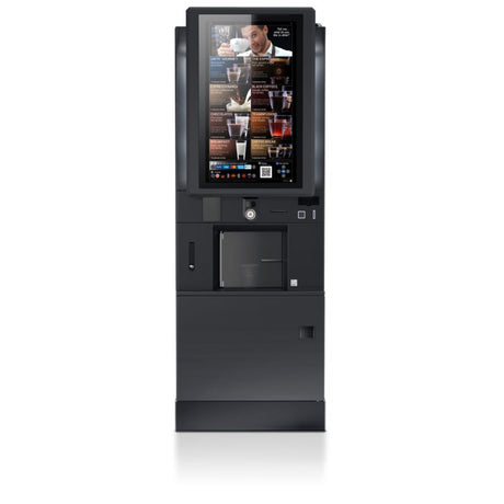 Black vending machine with a digital display on a white background