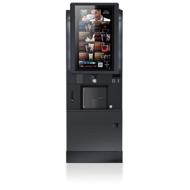 Black vending machine with a digital display on a white background