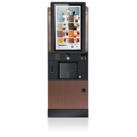 Multifunctional kiosk with digital display and payment terminal on a white background