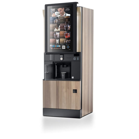 Tall, modern coffee machine with a digital display on a white background