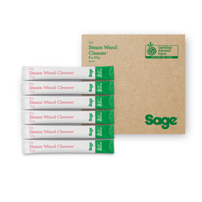 Sage steam wand cleaner packets with cardboard box on a white background