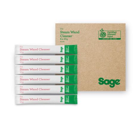 Sage steam wand cleaner packets with cardboard box on a white background