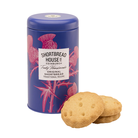 Blue tin of Shortbread House of Edinburgh shortbread cookies with cookies in front