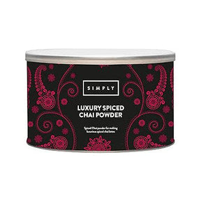 Canister of Simply Luxury Spiced Chai Powder with decorative black and red label