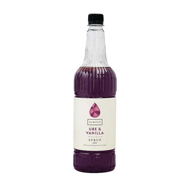 Bottle of Ube & Vanilla syrup on a white background