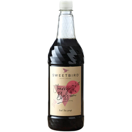 Bottle of Sweetbird Cherry Blossom syrup on a white background