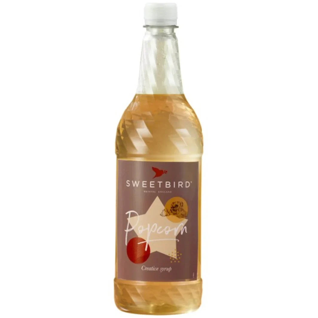 Bottle of Sweetbird Popcorn syrup on a white background