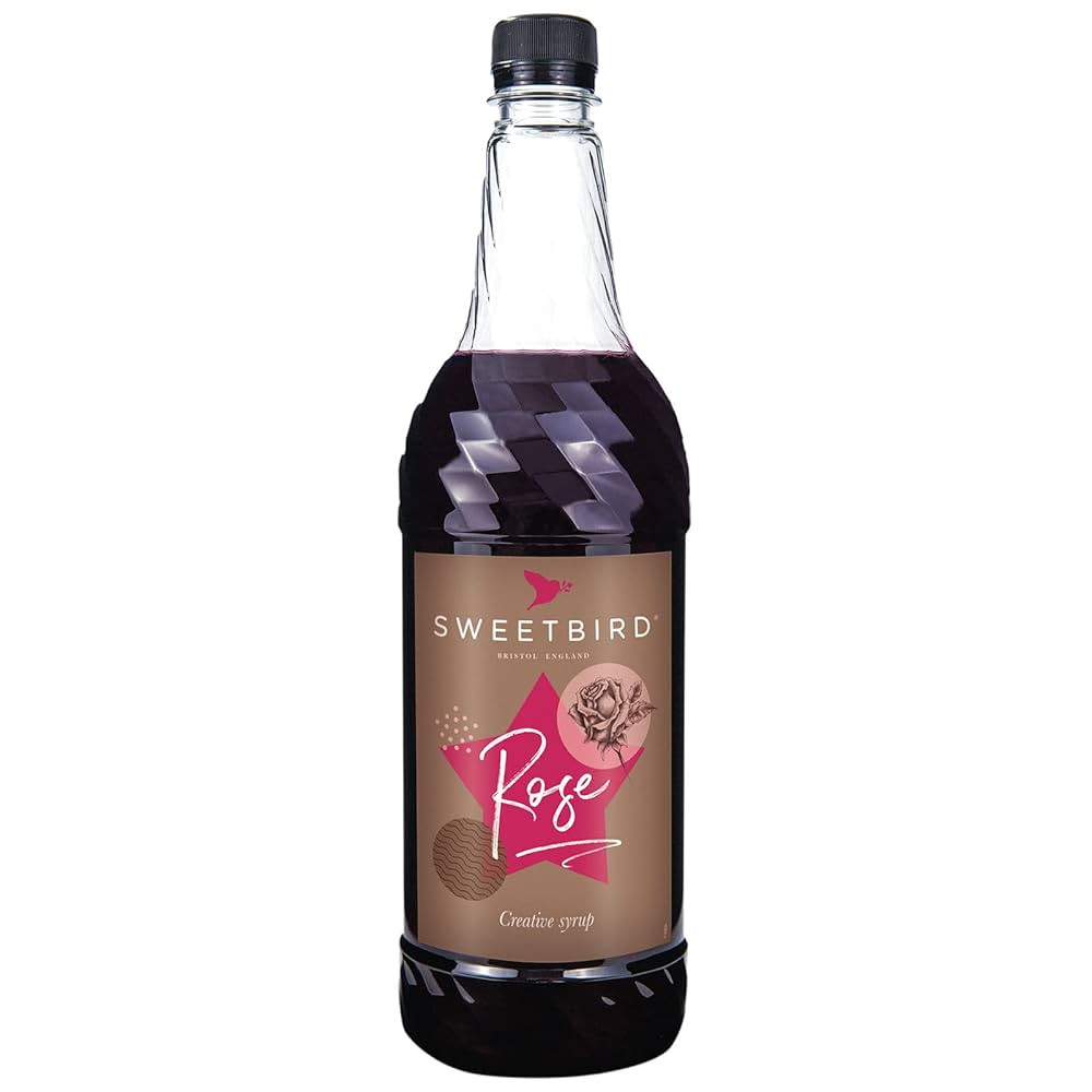 Bottle of Sweetbird Rose syrup on a white background