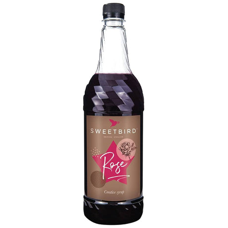 Bottle of Sweetbird Rose syrup on a white background