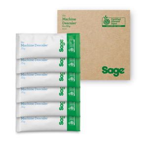 Sage Machine Descaler packets with a cardboard box on a white background