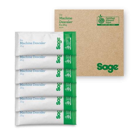 Sage Machine Descaler packets with a cardboard box on a white background