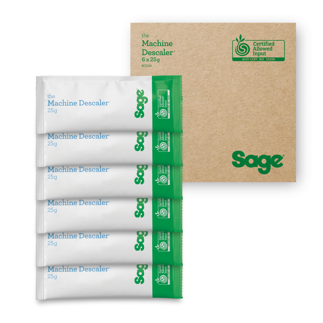 Sage Machine Descaler packets with a cardboard box on a white background