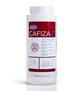 A white bottle of Urnex Cafiza Espresso Machine Cleaning Powder with a red label, designed for coffee machine maintenance.
