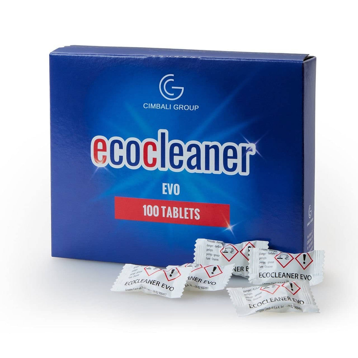 Box of ecocleaner EVO tablets with individual packets on a white background