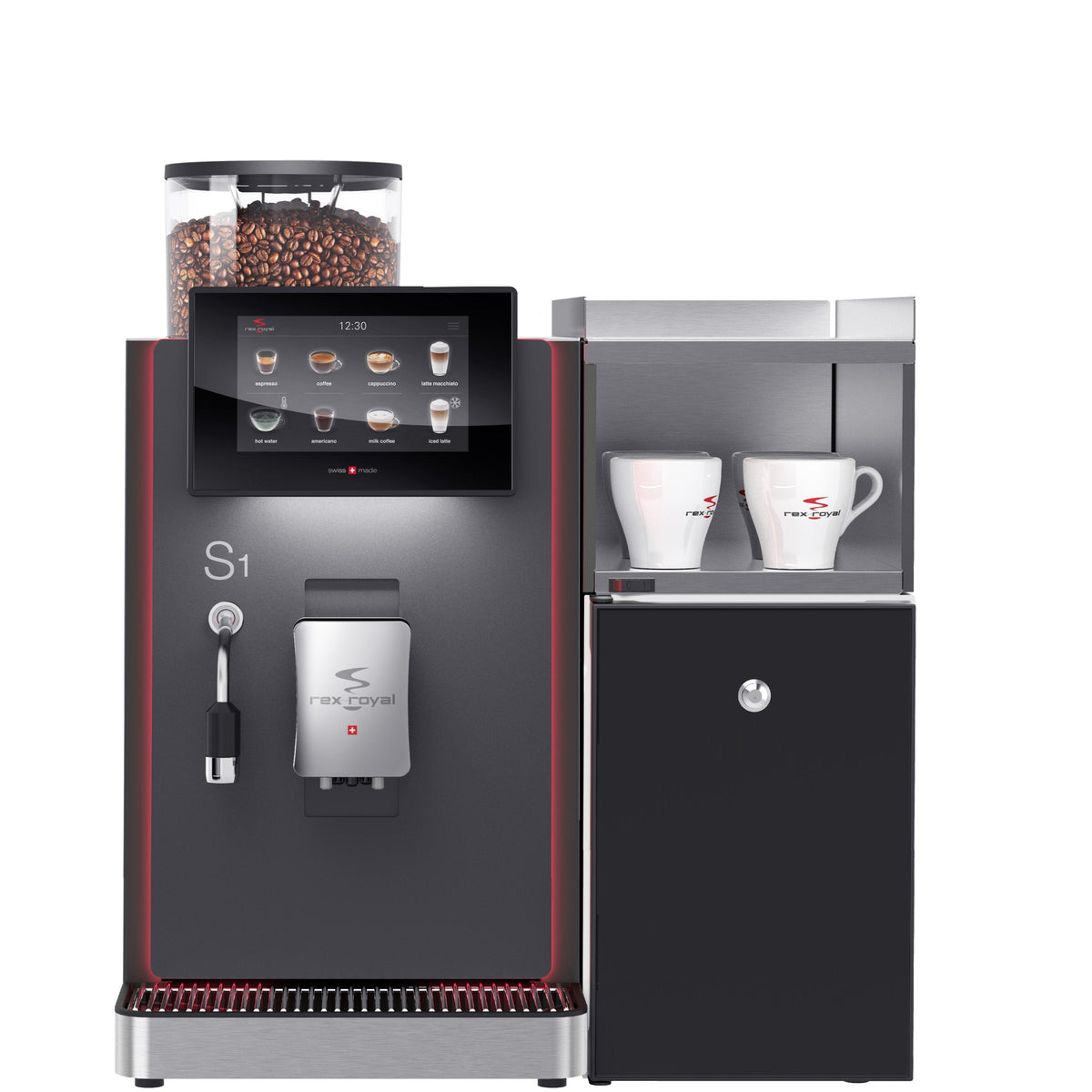 Rex-Royal S1 bean-to-cup coffee machine, featuring a compact Swiss-made design with a 7-inch touchscreen and advanced milk system. Perfect for small businesses like bakeries, restaurants, and offices, the S1 offers automated cleaning and customisable options for serving high-quality coffee drinks with precision and ease