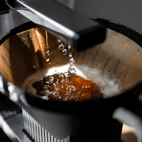 Coffee being brewed with water dripping into a coffee filter.